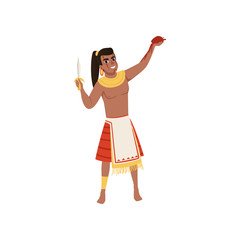 Sticker - Aztec warrior man character in traditional clothes with dagger vector Illustration on a white background