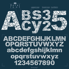 Poster - Set of vector ornate letters and numbers, flower-patterned typescript. Black and white characters created using herbal texture.