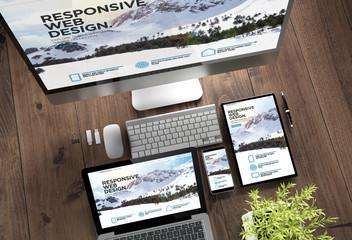 Fototapete - wooden desktop devices mountain snow