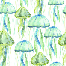 Seamless Pattern With Green Jellyfish. Watercolor Illustration