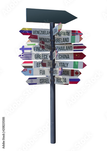 Fotografia arrows with country direction and sign isolated on white background