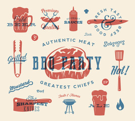 Wall Mural - Barbecue Party Vector Retro Signs and Icons Collection. Meat and Beer Symbols With Typography Pattern. Steak, Sausage, Grill Labels. Red and Blue Print Effect.