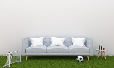 sofa on grass in white living room and blank space for text, 3D rendering