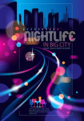 Abstract urban night light bokeh defocused background. Effect vector beautiful background. Blur colorful dark background with cityscape, buildings silhouettes skyline.