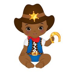 Wall Mural - Vector Cute Little African American Baby Boy Dressed as Cowboy