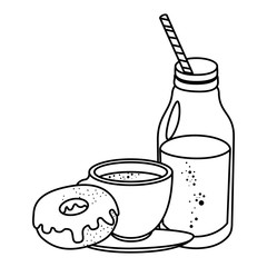 Wall Mural - coffee cup and milk bottle with sweet donuts vector illustration design