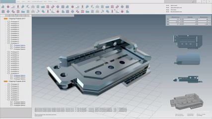 User Interface Mock-up: 3D Metallic Model of the Industrial Mechanism / Component / Shown in CAD Program. 