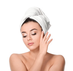 Wall Mural - Beautiful young woman with silky skin after spa treatment on white background