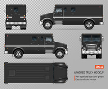 Armored Truck Vector Mockup. On Transparent Background For Vehicle Branding, Corporate Identity. View From Left, Right, Front, Back, Top Sides.