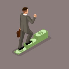 Wall Mural - trendy isometric people, 3d businessman, concept with a young businessman, wealth, money, making a p
