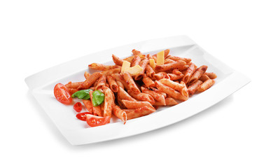 Plate of tasty penne pasta with tomato sauce on white background