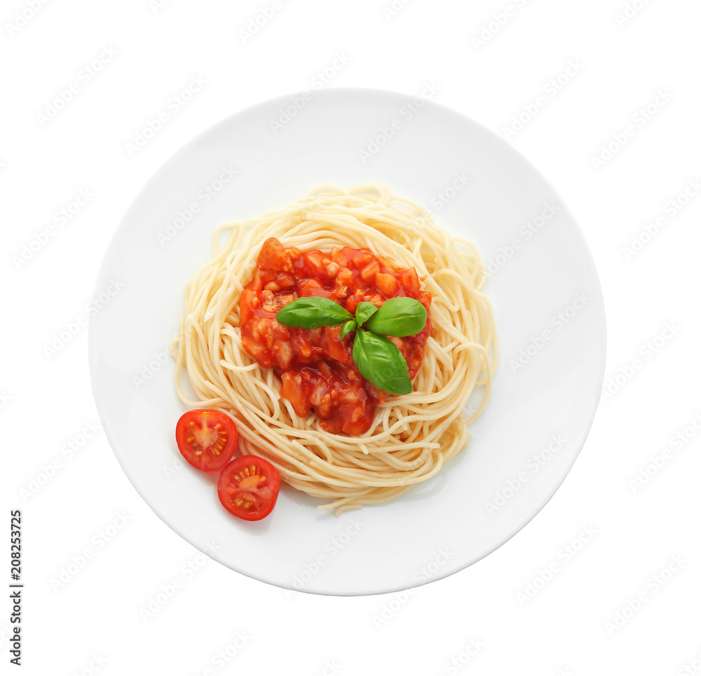 Plate of delicious pasta with tomato sauce on white background