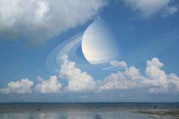 Wall Mural - Saturn back cloud  sky on sea ,concept Saturn near Earth