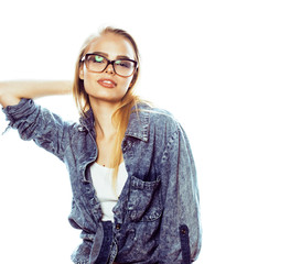 young pretty girl teenager in glasses on white isolated blond ha