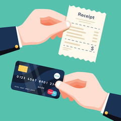 Hand holding receipt and hand holding credit card. Cashless payment concept. Flat design vector isolated illustration