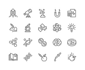 simple set of science related vector line icons. contains such icons as biology, astronomy, physics,
