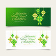 Selamat Hari Raya Aidilfitri greeting card banner. Vector illustration. Hanging ketupat and crescent with stars, garlands on green and white background. Caption: Fasting Day of Celebration