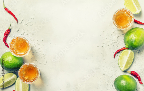 Fotografie, Obraz Gold mexican tequila with lime and salt, white drink background, top view