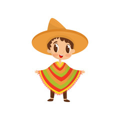 Wall Mural - cartoon character of little boy in colorful mexican poncho and straw hat. fancy clothes for carnival