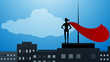 Cartoon, vector drawing of woman Super Hero silhouette watching the city from top of the skyscraper in the sunset illustration, Guardian of city concept
