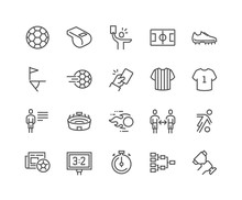Simple Set Of Soccer Related Vector Line Icons. Contains Such Icons As Stadium, Field, Championship Cup And More. Editable Stroke. 48x48 Pixel Perfect.