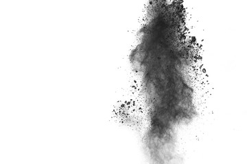 Wall Mural - black powder explosion. the particles of charcoal splatter on white background. closeup of black dus