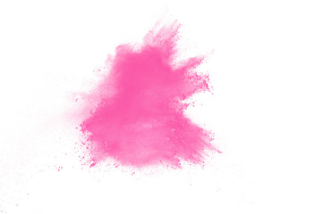 Wall Mural - Pink color powder explosion on white background. Launched colorful dust particles splashing.