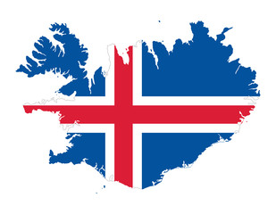 flag of iceland in the country silhouette. blue field with white edged red nordic cross. outline of 