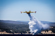 yellow red fire fighting plane throwing a cloud of water