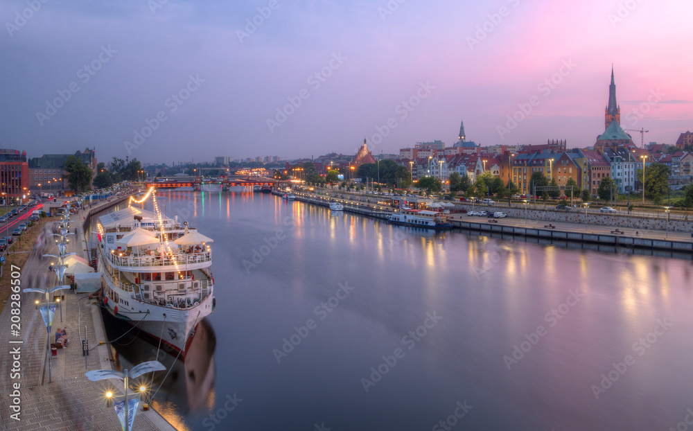 Panorama of the city at dusk. Szczecin, Poland. - obrazy, fototapety, plakaty 