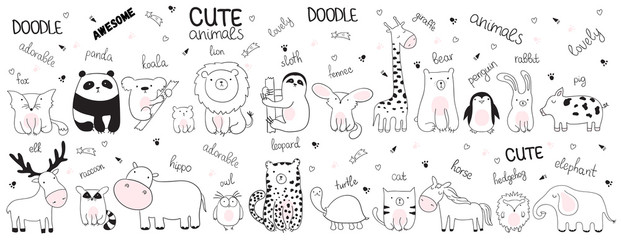 vector cartoon sketch illustration with cute doodle animals