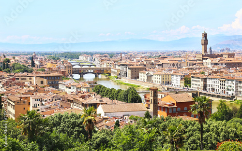 Plakat pejzaż widok Florencja lub Florencja miasto Włochy - Ponte Vecchio birdge i Palazzo Vecchio widok
