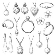 Hand Drawn A Set Of Different Jewelry. Vector Illustration Of A Sketch Style.