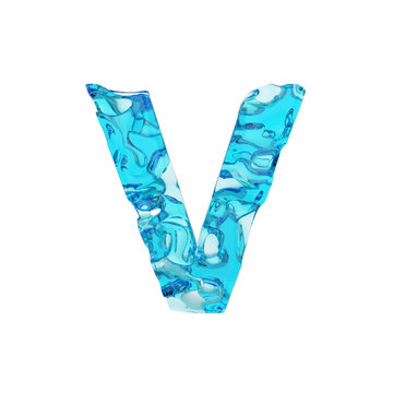 Alphabet letter V uppercase. Liquid font made of fresh blue water. 3D render isolated on white background.