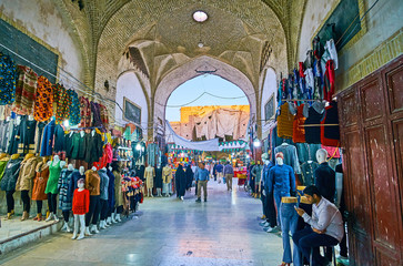 Canvas Print - Clothes stalls in Sardar Bazaar of Kerman, Iran