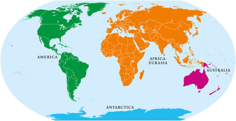 Wall Mural - four continents world map. america, africa-eurasia, australia and antarctica. political map with sho