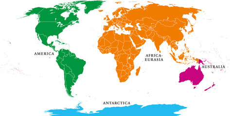 Wall Mural - four continents. world map with national borders. america, africa-eurasia, australia and antarctica.