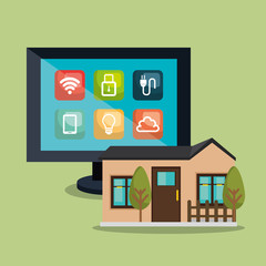 Poster - desktop computer controlling smart home vector illustration design