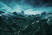 3D Rendering Ocean Wave With Storm . Closeup View .