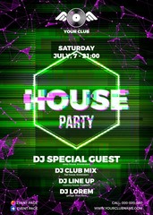 Poster - Glitch party poster with red background and hexagon for techno r