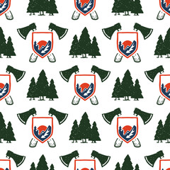 Wall Mural - vintage woods camp seamless pattern background travel hand drawn emblems nature mountain camp outdoo
