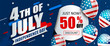 © tandav - 50 per cent off sale banner with balloons for Independence day. Just now offer of half price discount. Template for your design, card and flyer, poster for 4th of July in USA. Vector illustration.