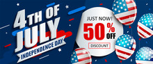 50 Per Cent Off Sale Banner With Balloons For Independence Day. Just Now Offer Of Half Price Discount. Template For Your Design, Card And Flyer, Poster For 4th Of July In USA. Vector Illustration.