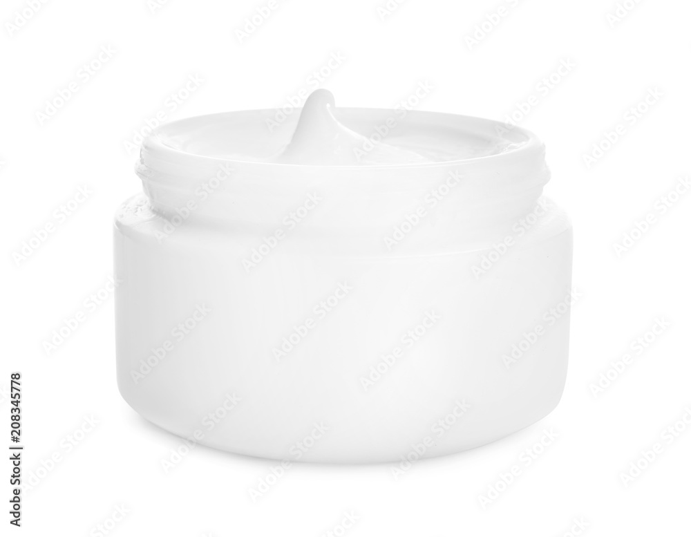 Jar with cosmetic cream on white background
