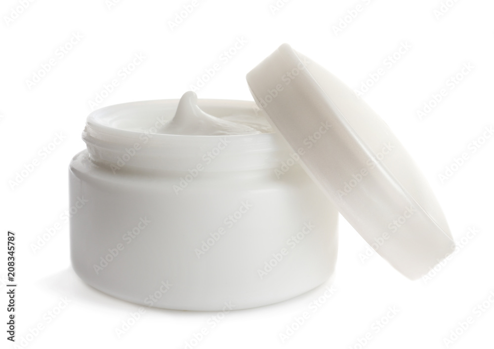Jar with cosmetic cream on white background