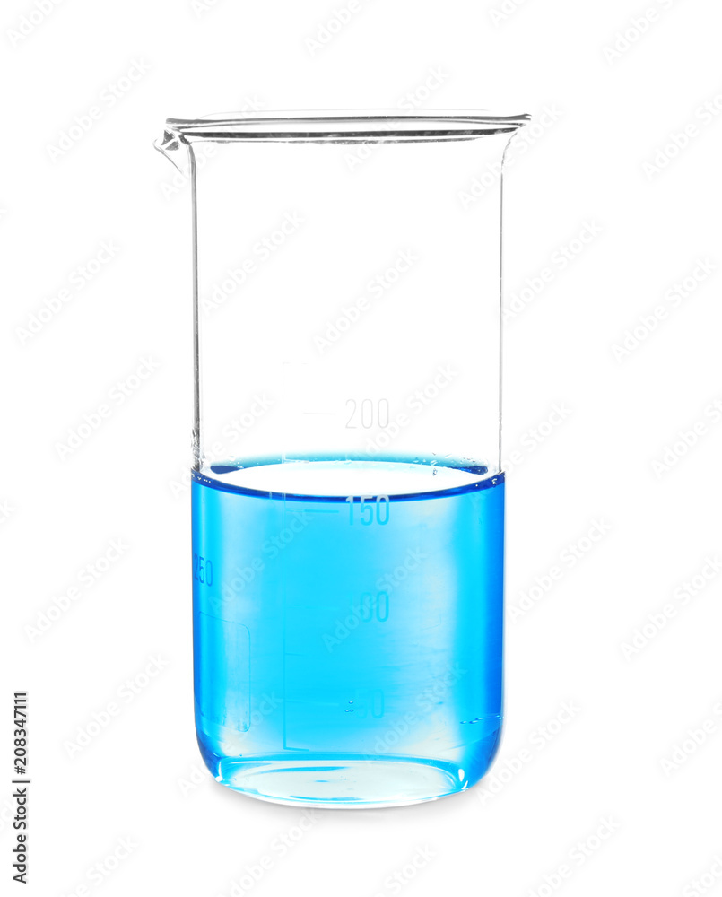 Laboratory glassware with blue liquid on white background