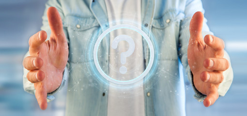 Poster - Man holding a Technology question mark icon on a circle 3d rendering