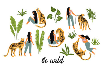 Be wild. Vector illustrations of woman with leopard and tropical leaves.