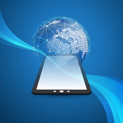 Poster - Digital Network Connections, Technology Background - Cloud Computing Design Concept with Transparent Geometric Wireframe and Earth Globe