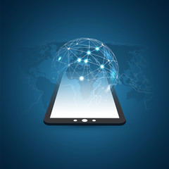 Poster - Digital Network Connections, Technology Background - Cloud Computing Design Concept with Transparent Geometric Wireframe and Earth Globe